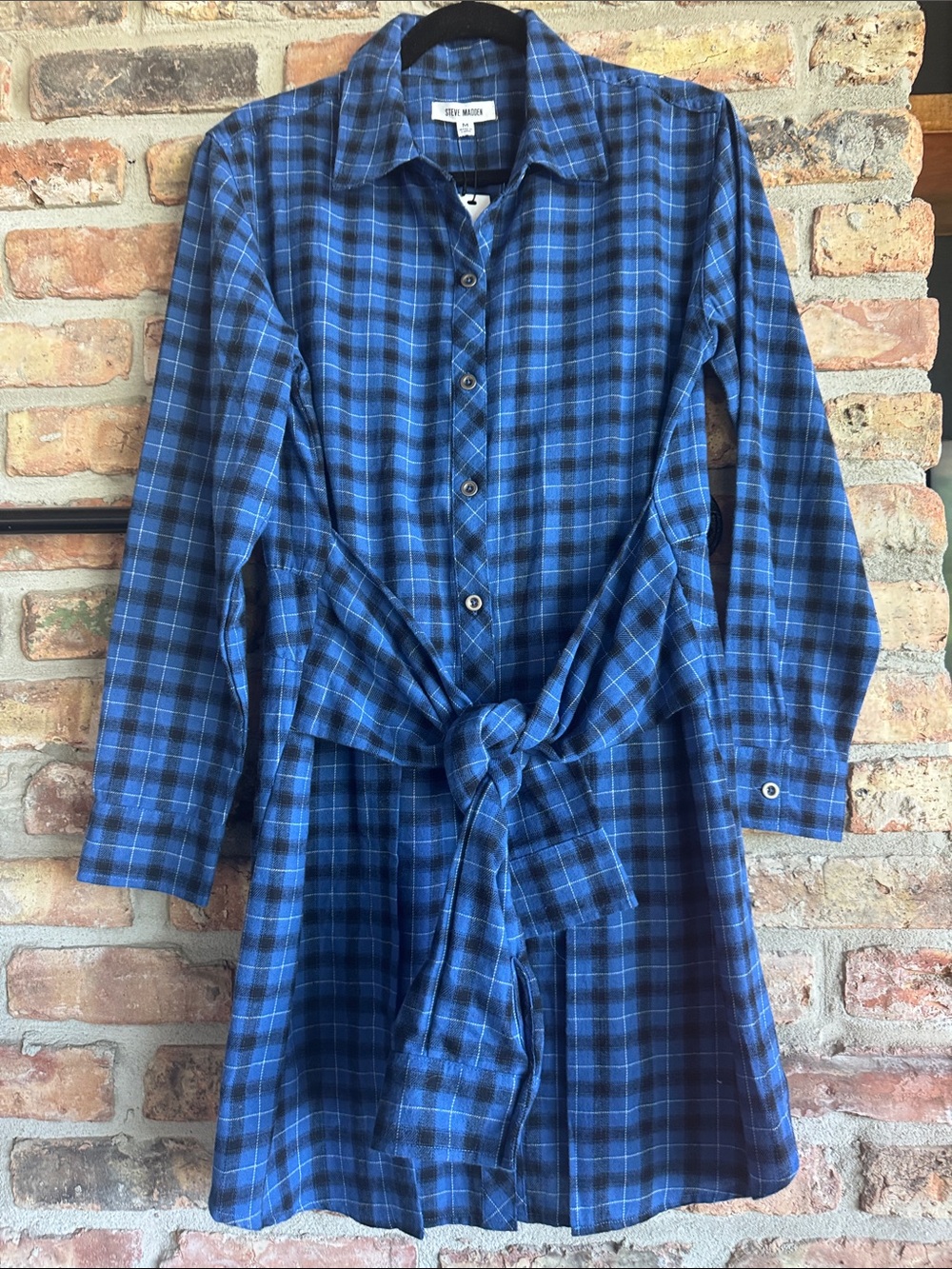 Steve Madden Blue/Black/White Plaid Button-Up Flannel Shirtdress
